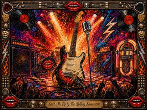 A weathered electric guitar and vintage microphone command a blazing rock stage, surrounded by drums, amplifiers, vinyl records, a glowing jukebox, and cheering silhouettes. Fiery reds, oranges, magentas, and electric blues explode beneath dramatic spotlights. Thick acrylic-style textures, chrome details, lightning accents, and an ornate music-themed frame create swaggering, high-voltage energy.