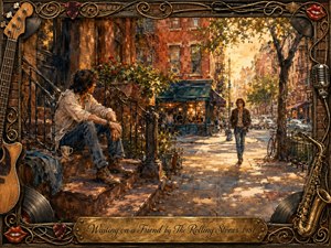 A relaxed man waits on a brownstone stoop as a friend approaches along a sunlit city street. Warm amber light, brick reds, dusty blues, and leafy greens create a nostalgic, welcoming mood. Painterly watercolor textures soften the urban scene, while an ornate music-themed frame features instruments, records, red lips, and a brass title plate.