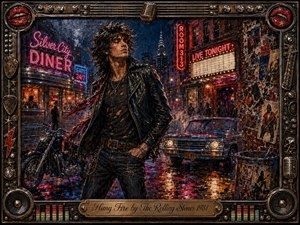 A defiant young rocker stands on a rain-slicked city street, surrounded by glowing diner signs, a motorcycle, vintage car, and smoky nightlife. Rich reds, pinks, blues, and amber reflections create restless energy beneath dramatic neon lighting. The textured acrylic style is enclosed by an ornate music-themed frame with a brass title plate.