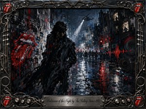 A shadowy figure moves through a rain-soaked city street beneath a helicopter searchlight, surrounded by distant crowds, watchful windows, and crimson graffiti. Deep blues, black, steel gray, and vivid red reflections create a tense nocturnal mood. Expressive mixed-media brushwork, sound-wave motifs, and an ornate industrial rock frame heighten the sense of secrecy and danger.