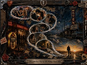 A richly textured mixed-media painting traces a turbulent romance through glowing feather-edged bubbles forming an S-curve across a rainy 1960s streetscape. Neon dance-hall lights, motel signs, scattered papers, and midnight blues contrast with warm amber dawn as a lone figure walks away, framed by rugged rock-and-roll memorabilia.