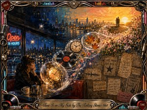 A contemplative woman sits in a rain-lit vintage diner as glowing clocks, a vinyl record, autumn leaves, and spring blossoms spiral upward in translucent bubbles toward a golden sunrise and distant couple. Rich blues, amber, rose, and gold create a nostalgic, hopeful mood, framed by ornate rock-and-roll memorabilia and engraved metalwork.