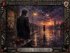 A solitary man watches a distant figure walk away beneath an umbrella on a rain-soaked city street, evoking finality and lost love. Deep purples, stormy blues, amber lamps, and fiery sunset reflections create a haunting glow. Textured oil-paint brushwork, fallen roses, vintage streets, and a rock-themed metallic frame complete the melancholic scene.