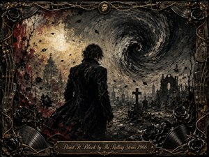A solitary dark-clad figure walks into a bleak gothic landscape beneath a swirling black storm, surrounded by ruined architecture, grave markers, drifting leaves, and black roses. Muted ivory, charcoal, crimson, and antique gold create a mournful palette, while dramatic light, heavy painterly texture, and an ornate music-themed metal frame intensify the haunting mood.