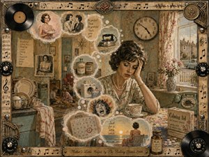 A weary 1960s housewife sits in a cluttered suburban kitchen, surrounded by feathered thought bubbles tracing domestic pressures, chores, anxiety, and imagined escape. Warm sepia, faded pastels, and soft afternoon light create a nostalgic yet claustrophobic mood. Mixed-media collage textures, vintage objects, pills, musical motifs, and an ornate frame deepen the songs uneasy irony.