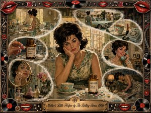 A weary 1960s housewife anchors a richly textured mixed-media collage of domestic routine, social pressure, pills, mirrors, telephones, and exhaustion. Feathered vignettes curve around her in an S-shaped flow, blending muted teal, cream, gold, and smoky tones with vivid red lips. Warm vintage lighting and ornate musical framing heighten the uneasy satire.