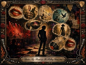 A shadowy rock figure stands on a worn checkerboard floor amid a smoky 1960s club, surrounded by feather-edged symbolic scenes of red lips, a controlling thumb, puppet strings, escaping birds, sunglasses, vinyl, and a departing woman. Crimson, black, gold, cream, and teal tones create a tense, theatrical mixed-media collage framed with ornate musical details.