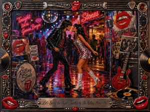 A vibrant acrylic-style rock-and-roll scene captures a flirtatious couple leaning toward each other on a neon-lit dance floor. Rich reds, electric blues, magentas, and gold reflections create a playful, charged mood. Guitars, records, microphones, dancing crowds, red lips, and an ornate metallic music-themed frame complete the energetic 1960s atmosphere.