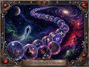 A lone traveler drifts through a vast psychedelic cosmos as glowing memory bubbles sweep in an S-curve toward a distant galaxy. Deep blues, violets, crimson, and green nebulae create a mysterious, lonely mood. An ornate rock-themed frame of lips, guitar strings, speakers, stars, and chrome surrounds the luminous mixed-media scene.
