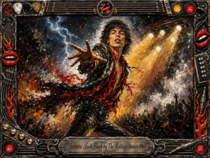 A charismatic rock frontman lunges toward the viewer amid lightning, blazing stage lights, smoke, and a surging crowd. Thick acrylic textures in black, crimson, gold, and white create explosive movement and rebellious energy. An ornate metallic frame of guitar strings, flames, knobs, lips, and cables surrounds the dramatic concert scene.