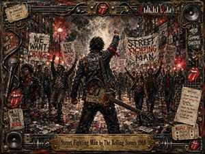 A defiant guitarist raises his fist before a surging nighttime protest crowd on a rain-slick city street. Smoky amber light and vivid crimson accents cut through charcoal tones, while banners, graffiti, speakers, cables, tickets, and musical relics fill the scene. Gritty mixed-media textures and an ornate industrial frame amplify the rebellious 1968 atmosphere.