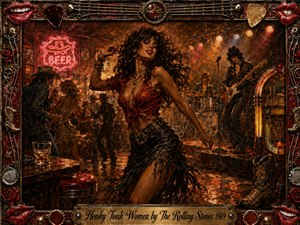 A sultry dancer commands a smoky honky-tonk bar as a live rock band plays behind her beneath warm amber stage lights. Rich reds, bronze, black, and glowing neon create a gritty, celebratory mood. Painterly oil-like textures, a vintage jukebox, whiskey glass, dancing patrons, roses, guitar details, and an ornate musical frame complete the scene.