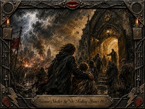 A storm-battered city burns beneath lightning and black clouds as weary figures move toward a glowing Gothic shelter. In the foreground, an adult protects a child while others climb rain-soaked steps. Warm gold light contrasts with smoky charcoal and rust tones. Expressive mixed-media painting, rugged metal framing, barbed wire, cables, and red lips heighten the ominous rock atmosphere.