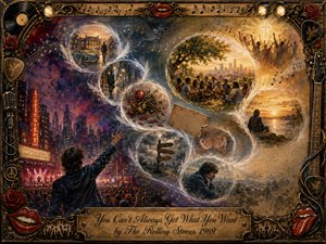 A richly textured mixed-media dreamscape follows a lone figures journey from restless desire toward acceptance and peace. Feathered bubbles curve across neon city nights, lost roses, crossroads, community, and a glowing sunset. Deep indigo, burgundy, amber, and gold create a reflective mood, framed by ornate musical and rock-inspired details.