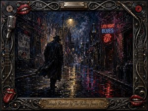 A shadowy midnight wanderer moves through a rain-soaked city alley beneath dim streetlights and glowing neon signs. Deep blues, blacks, purples, crimson reflections, and warm amber highlights create a tense, mysterious mood. Expressive oil-paint textures, wet pavement, smoky atmosphere, musical motifs, ornate metal framing, red lips, and an engraved brass title plate complete the dramatic composition.