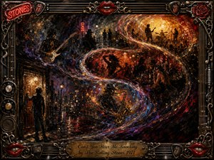 A richly textured oil-painted collage unfolds through a sweeping S-curve of nighttime rock-and-roll scenes, from a shadowy doorway and wet city street to guitarists, dancers, a saxophonist, and a blazing concert stage. Deep blacks, crimson, amber, gold, and electric blue glow within an ornate music-themed metallic frame.