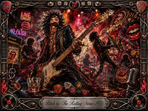 A fiery 1970s rock performance erupts around a swaggering guitarist, backed by shadowy musicians, saxophone, drums, amplifiers, and neon signs. Crimson, black, gold, and electric pink dominate the smoky, high-contrast scene. Expressive mixed-media brushwork, red lips, vinyl records, chrome details, and an ornate metal frame intensify the rebellious energy.