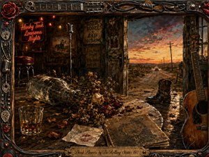 A weathered honky-tonk opens onto a lonely country road at sunset, blending melancholy with rugged nostalgia. Wilted roses spill across a scarred wooden table beside whiskey, a farewell note, and an old guitar. Warm amber light, smoky browns, crimson accents, ornate metal framing, and painterly textures create a bittersweet country-rock atmosphere.