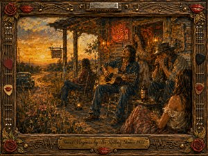 A warm, painterly porch jam unfolds at golden sunset, where an acoustic guitarist, harmonica player, and relaxed companions share music beside a dusty country road. Rich amber, rust, denim blue, and weathered brown tones glow beneath lantern and neon light. An ornate wooden frame features roses, strings, picks, smiling red lips, and an engraved brass title plate.