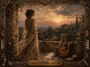 A solitary woman in a flowing floral dress stands on a weathered terrace at sunset, gazing across a hazy countryside with quiet melancholy. Warm amber and rose light contrasts with cool shadows, while an acoustic guitar, handwritten music, fading roses, and an ornate bronze musical frame deepen the nostalgic, romantic oil-painted atmosphere.