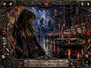 A solitary dark-haired woman stands against a distressed urban wall as rain glistens across a neon-lit city street. Moody blues, blacks, amber, and vivid reds frame distant musicians, crowds, and a vintage car. Rich mixed-media textures, dramatic spotlights, metallic rock-themed ornaments, roses, dice, microphones, and engraved detailing create gritty 1970s atmosphere.