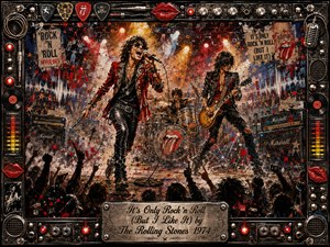 A vivid mixed-media rock concert erupts with a swaggering singer, electric guitarist, and drummer surrounded by raised hands and stage chaos. Crimson, black, chrome, gold, and electric blue dominate beneath blazing spotlights. Collage textures, paint splashes, amplifiers, vinyl records, red lips, and a detailed musical frame amplify the rebellious energy.