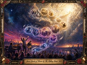 A soulful rock performance unfolds beneath a vast twilight sky as musicians and an uplifted crowd send glowing feathered bubbles along an elegant S-curve toward radiant heavenly clouds. Deep blues, purples, magentas, and golds create a transcendent mood, while musical symbols, roses, microphones, wings, and ornate metallic framing enrich the dramatic painterly composition.