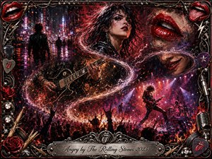 A fierce rock-and-roll collage erupts across a neon-soaked nightscape, blending a defiant woman, glossy red lips, electric guitar, concert crowds, sparks, and stage lights. Crimson, black, purple, and amber tones intensify the rebellious mood, while swirling S-curves, gritty textures, chrome details, roses, and musical hardware frame the dynamic composition.