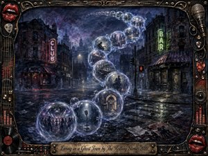 A deserted rain-slicked city street glows beneath dim neon club and bar signs, haunted by translucent figures and memory-filled bubbles sweeping upward in an S-curve. Cool blues, smoky purples, and crimson accents create a lonely, cinematic mood. A richly textured mixed-media style and rock-themed metal frame complete the scene.