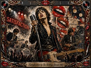 A swaggering rock singer commands a smoky 1960s stage, surrounded by guitarists, drums, vinyl records, neon lettering, and red-lipped pop-art imagery. Deep blacks, fiery reds, chrome, cream, and gold glow under harsh spotlights. Thick expressive brushwork and distressed collage textures create rebellious energy, framed by ornate musical details and an engraved title plate.