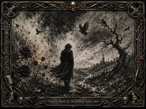 A lone dark figure crosses a ruined charcoal landscape beneath swirling storm clouds, ravens, black roses, and a twisted leafless tree. Smoky grays, deep blacks, muted ivory, and faint red accents create a mournful gothic mood. Ornate metallic framing, skulls, vinyl records, cables, and musical details intensify the dramatic rock-inspired atmosphere.