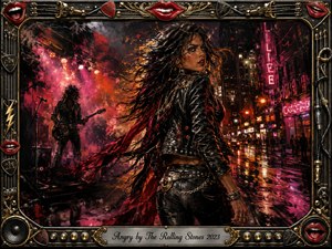 A fierce woman in black leather strides through a rain-slicked neon city, framed by a blazing rock performance and crimson stage light. Explosive reds, pinks, gold, and black create an angry, electric mood. Expressive painted textures, flying fabric, guitars, chrome details, bright lips, and an ornate musical frame intensify the rebellious energy.