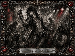A wild-haired rock singer commands a smoky concert stage, gripping a microphone amid shadowy musicians and surging crowd figures. Deep charcoal blacks, smoky grays, white highlights, and crimson accents create a raw, feverish mood. Ornate chrome-and-gold framing features red lips, roses, cables, and musical hardware surrounding the dramatic engraved title plate.