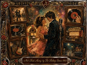 A warmly painted 1960s rock-and-roll romance centers on a dancing couple beside a glowing jukebox and vintage microphone. Surrounding framed memories show records, guitars, nightlife, and rainy streets. Rich amber, crimson, black, and gold tones, dramatic nostalgic lighting, textured brushwork, roses, musical details, and ornate framing create enduring passion.