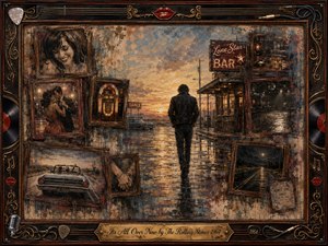A solitary man walks down a rain-slicked street at sunset, surrounded by framed memories of romance, dancing, cars, bars, and empty roads. Warm amber light contrasts with smoky blues, rust, and black. Rich painterly textures, vintage rosewood frames, records, guitar strings, and engraved details create a bittersweet farewell atmosphere.