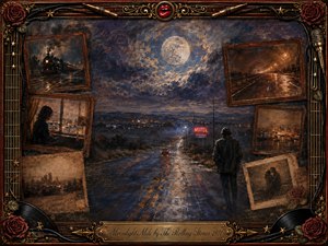 A solitary traveler walks a rain-slicked highway beneath a luminous full moon, surrounded by faded rosewood-framed memories of trains, city lights, romance, and lonely roads. Deep blues, smoky browns, and warm amber highlights create a wistful nocturnal mood, while painterly textures, roses, records, cables, and ornate gold details frame the nostalgic journey.