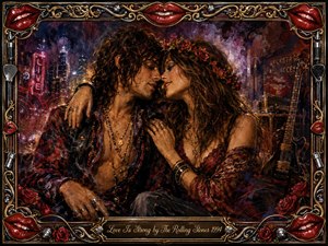 A seductive rock-and-roll couple embraces backstage beneath smoky city lights, surrounded by guitars, roses, neon, and vintage music details. Rich reds, black, bronze, and gold create a warm nocturnal glow. Painterly textures blend oil, acrylic, and watercolor effects, framed by ornate chrome, crimson lips, and an engraved title plate.