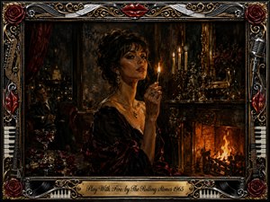 A mysterious woman holds a burning match in an opulent candlelit room, framed by roses, guitars, piano keys, microphones, chrome, and intricate gold filigree. Deep blacks, crimson velvet, amber firelight, and glowing reflections create a seductive, dangerous mood. The richly textured oil-paint style feels theatrical, luxurious, and darkly romantic.