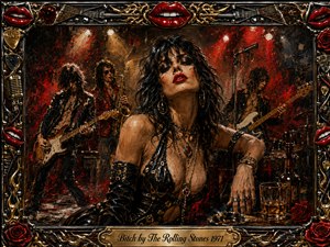 A sultry black-haired woman commands a smoky rock club as guitarists, bassist, saxophonist, and drums surge behind her. Fiery reds, deep blacks, chrome, and gold create a dangerous, seductive mood under harsh stage lights. Thick expressive paint textures, roses, whiskey, red lips, guitar details, and an ornate frame complete the decadent scene.