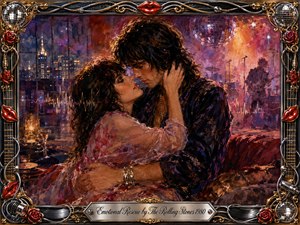 A passionate couple embraces in a smoky nighttime lounge, surrounded by city lights, stage silhouettes, vinyl records, and a glowing disco ball. Rich crimson, violet, amber, and blue tones create a seductive, dreamlike mood. Painterly oil, acrylic, and watercolor textures blend with an ornate chrome-and-gold musical frame and roses.
