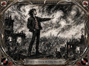 A rebellious young man stands defiantly on a crowded city rooftop beneath swirling charcoal storm clouds, pushing back against the surrounding chaos. Deep blacks, smoky grays, and sharp red accents create a tense, restless mood. Expressive charcoal textures, dramatic lighting, industrial rooftops, crowds, vinyl records, cables, and ornate chrome framing amplify the rock-and-roll energy.