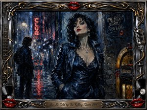 A glamorous, aloof woman stands beneath cold blue city lights outside a rain-soaked music club, while a shadowed admirer lingers in the distance. Rich oil-paint textures blend midnight blues, chrome silver, amber, and vivid red. An ornate rock-themed frame features microphones, guitar strings, vinyl records, gold flourishes, and glossy lips.