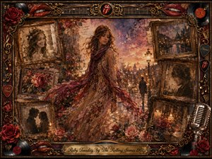 A free-spirited young woman drifts through a rain-slicked twilight street, surrounded by fading rosewood-framed memories, roses, records, red lips, guitar strings, and vintage music details. Warm amber lights glow against ruby, burgundy, gold, and violet tones, creating a wistful, romantic collage blending oil, acrylic, and watercolor textures.