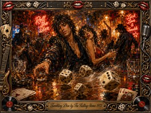 A sultry rock-and-roll casino scene centers on a magnetic couple leaning across a glowing bar as oversized dice tumble toward the viewer. Fiery reds, amber golds, and smoky blacks create a reckless nocturnal mood, while neon signs, whiskey glasses, musicians, playing cards, and ornate metallic framing enrich the textured oil-painted composition.