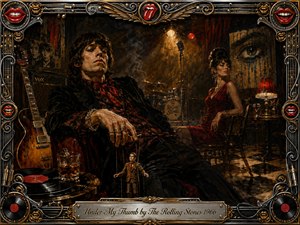 A brooding vintage rock-club scene portrays a swaggering man lounging beside a guitar while a poised woman watches from the shadows. A tiny marionette suggests control and tension. Deep blacks, crimson reds, bronze, and gold glow beneath smoky stage lights, rendered in richly textured oil-paint style within an ornate musical frame.