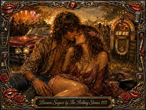 A passionate hippie couple embraces beside a vintage red convertible at a glowing outdoor rock festival. Rich amber, bronze, crimson, and gold tones create a sensual nostalgic mood. Expressive oil-paint textures, dramatic sunset lighting, a jukebox, records, roses, microphones, chrome details, and an ornate musical frame evoke 1970s rock romance.