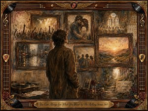 A solitary figure contemplates a wall of fading memories, including concert crowds, romance, friendship, rain-soaked streets, a choir, and a glowing sunrise. Warm sepia, amber, rose, and smoky blue tones create bittersweet nostalgia. Painterly oil, acrylic, and watercolor textures blend beneath soft golden light, surrounded by an ornate music-inspired frame.