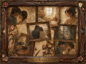 A nostalgic rosewood collage captures tender, fading romance through intimate portraits, handwritten letters, wilted roses, and an acoustic guitar. Warm sepia, amber, and muted cream tones glow beneath soft window light, blending oil, acrylic, and watercolor textures. Ornate gold inlays, guitar strings, picks, and the engraved title plate complete the wistful composition.