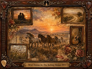 A herd of wild horses races through sunlit prairie beneath a glowing amber sunset, surrounded by faded framed memories of lovers, country roads, wheat fields, roses, and an acoustic guitar. Warm sepia, rust, and gold tones create a tender, nostalgic mood, while ornate rosewood and metallic details frame the painterly collage.