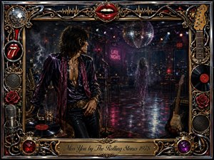 A brooding rock singer stands in a smoky late-night nightclub, watching a mysterious woman disappear beneath a glittering disco ball. Deep blacks, crimson, purple, chrome, and gold create a seductive, lonely mood. Dramatic neon reflections, wet floors, guitars, records, roses, microphones, and ornate metallic framing evoke decadent 1970s nightlife.